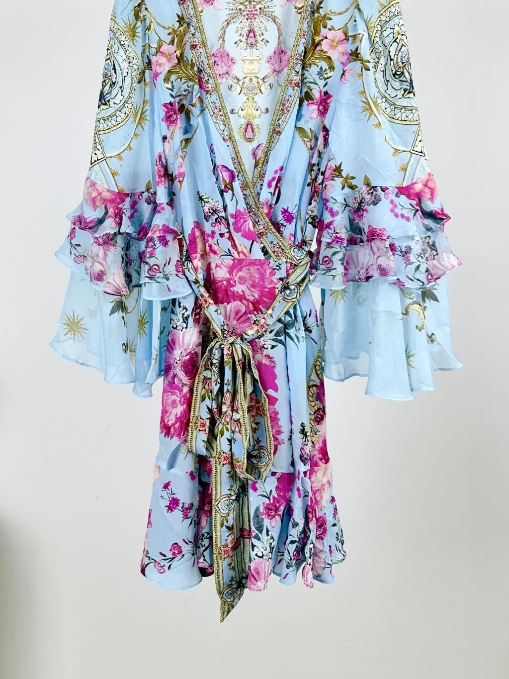 Women Blue Printed Dress V-Neck Long Sleeve Elegant 100% Silk Mini Robe