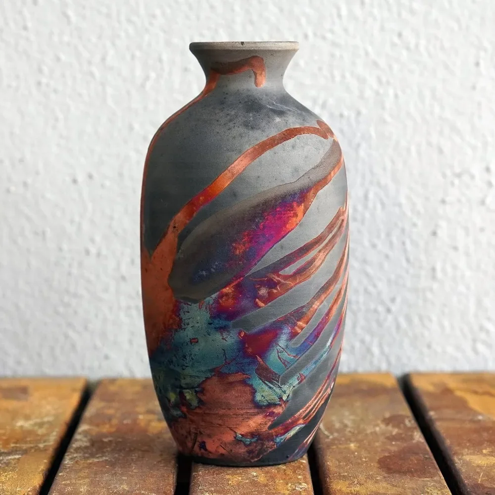 7 inch  Ceramic Pottery Vase - Carbon Half Copper Matte Raku Pottery with Water Tube Gifts for her mom, Boho,Home Decor