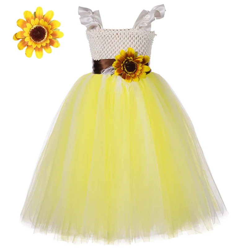 Yellow Flower girl tutu dress Princess girls pageant ball gown sunflower belt tulle wedding bridesmaid dresses for kids clothes