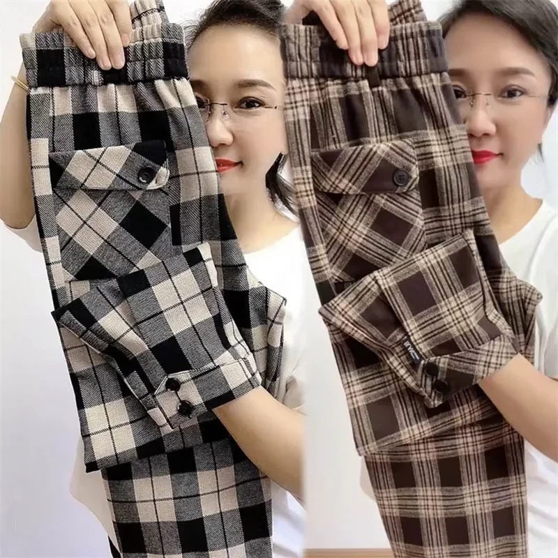 

Lce Silk 2024 Summer New Plaid Casual Pants Women Korean Loose-Fitting Harem Trousers Ladies Joker Slim Martin Pants Female