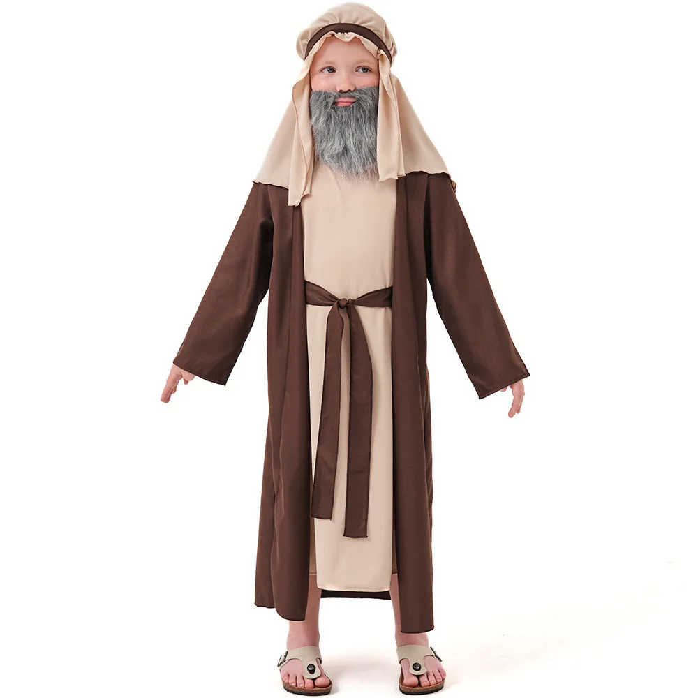 Boys Arab Grandpa Cosplay Kids Children Halloween Elders of Middle Eastern Shepherds Costumes Carnival Purim Stage Party Dress