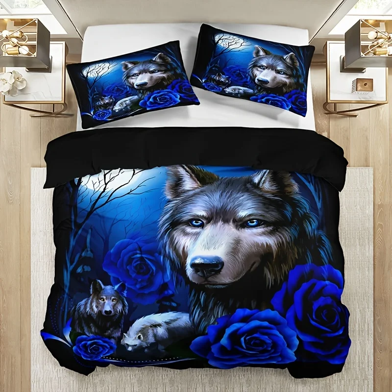 Fashion Duvet Cover Set Wolf Blue Rose Print Bedding Set Soft Duvet Cover For Bedroom Guest Room 1*Duvet Cover + 2*Pillowcase