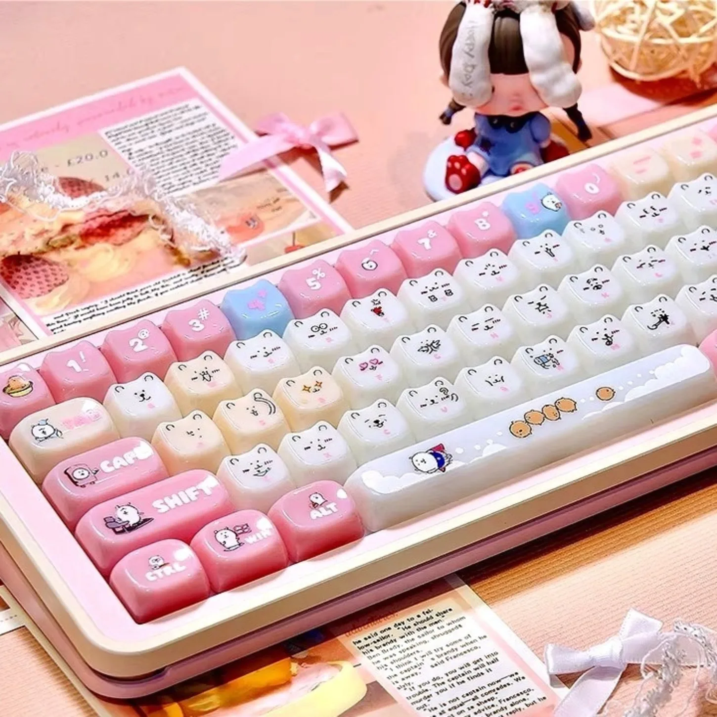 Cute Pink Bear Keycaps MAO Profile 119 Keys PBT Side Printed PC Backlit for Magnetic Switch Mechanical Keyboard 68/75/87/108
