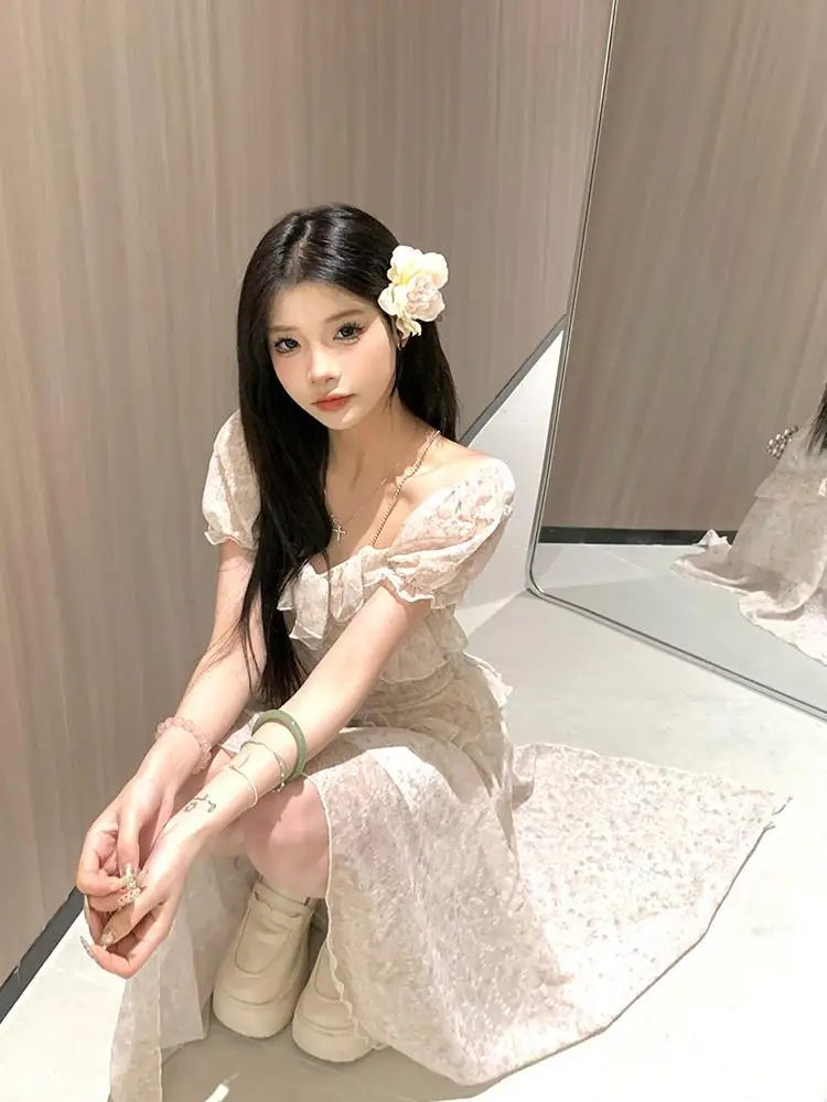 여성을위한 꽃 프린트 드레스 봄과 여름 디자인 학생 달콤한 새 스타일 허리 슬리밍 공주 드레스