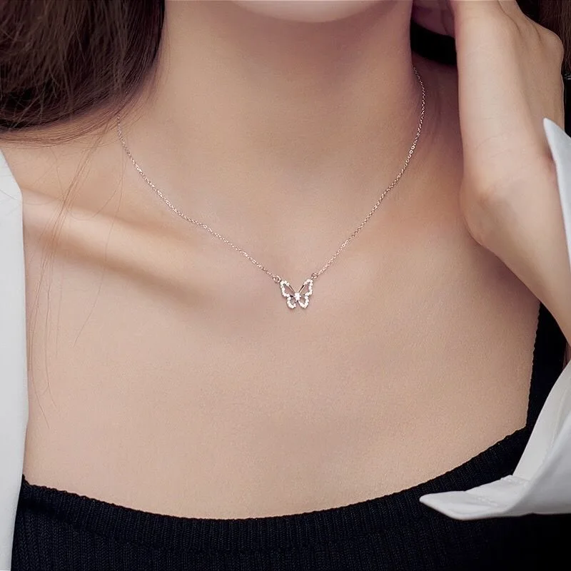 Hollow Butterfly Zircon Pendant Necklace for Women Delicate Clavicle Chain Minimalist Link Chain Choker Jewelry Girl Gift