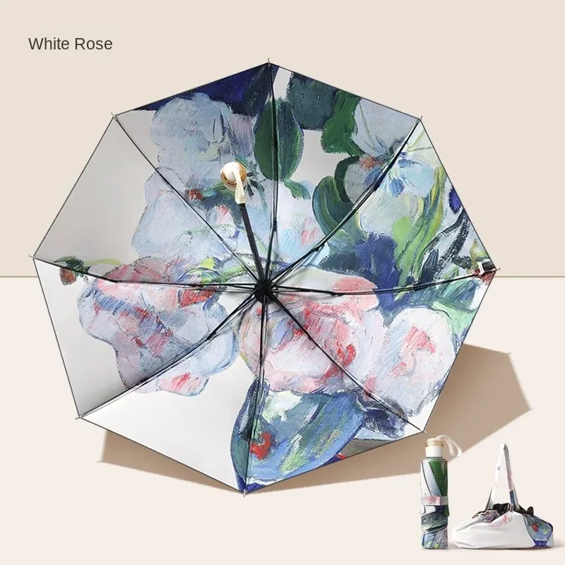 Oil painting wind and rain umbrella sun protection anti-ultraviolet sun umbrella parasol folding umbrella small fresh black glue