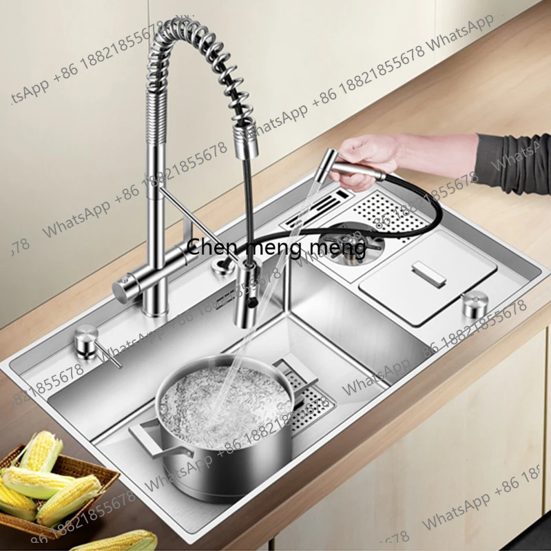 

Large Size SUS 304 Stainless Steel kitchen Sink 4mm Thickness Handmade Single kitchen Sinks With Cup Rinser And Trash Can