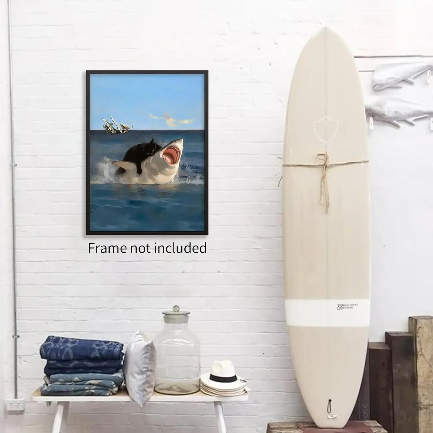 Modern Funny Fat Cat Vs. Shark Renaissance Canvas Wall Art Quirky Black Cat Animal Canvas Painting Cannot Be Customized