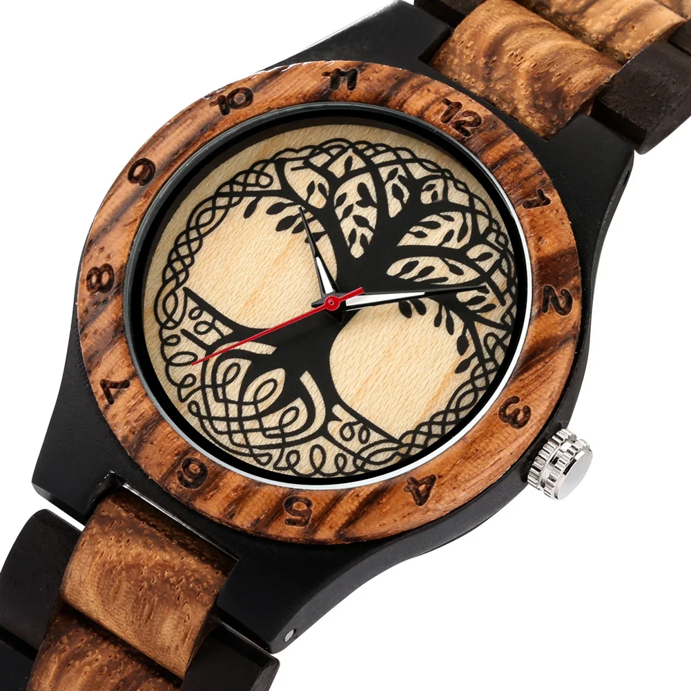 Frauen Holz Uhren Skala Arabischen Ziffern Zebra Holz Armbanduhr Klapp Verschluss Leben Baum Muster Zifferblatt Holz Uhr für Frauen