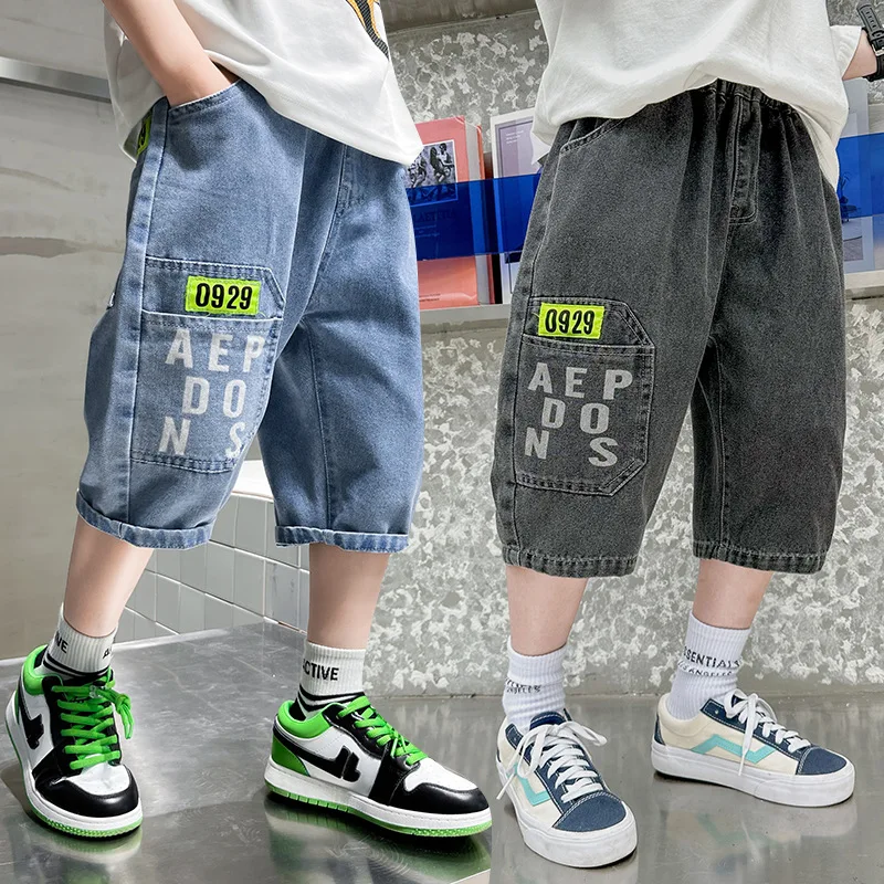 New Teenage Boys Denim Shorts Kids Summer Fashion Letter Printed Soft Capris For Children Casual Five-point Pants  4-14 Years