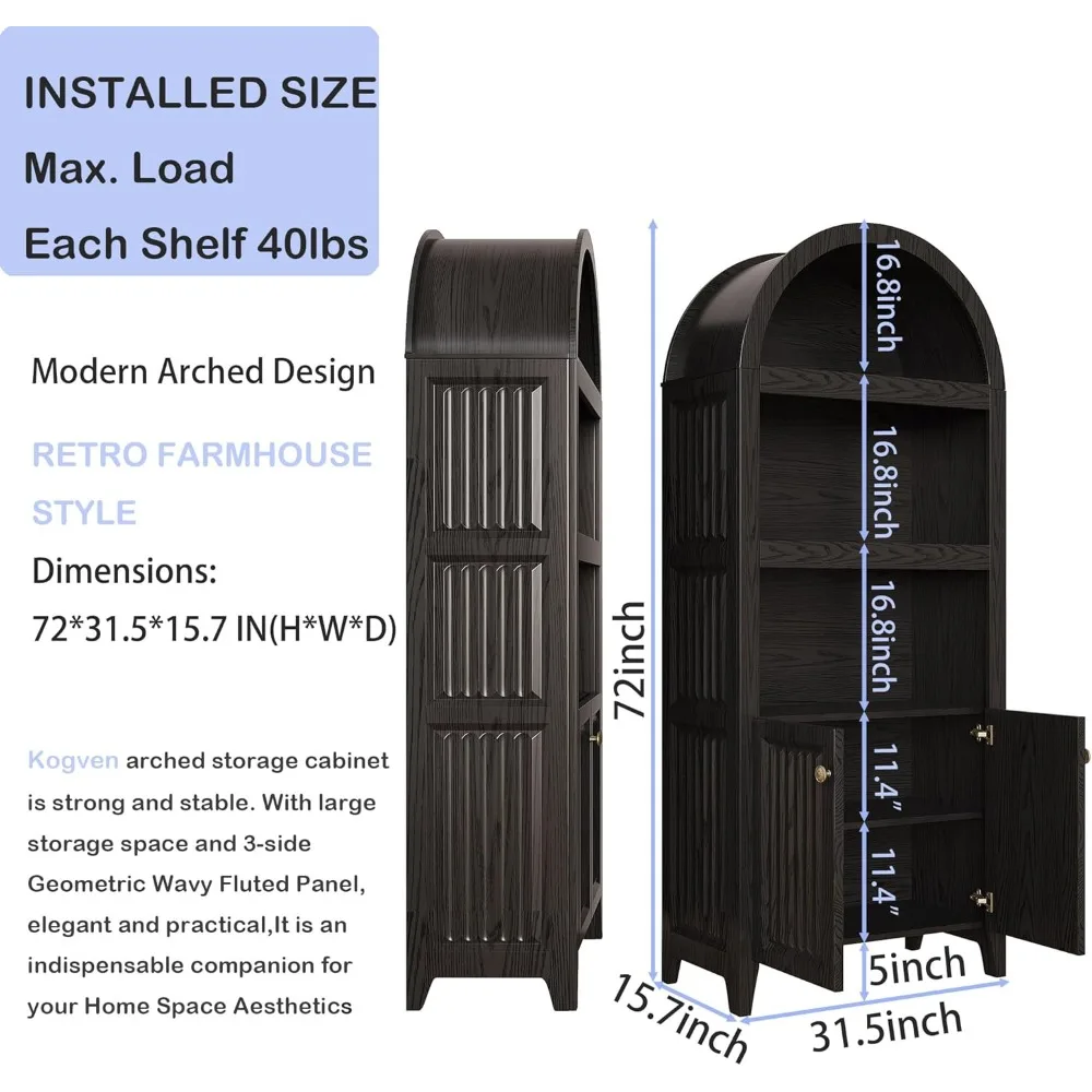 Nowoczesny wysoki regał łukowy, wysokość 178 cm, spiżarnia kuchenna w stylu farmhouse z drzwiami z cichym domykaniem, idealny do domowego biura i salonu.