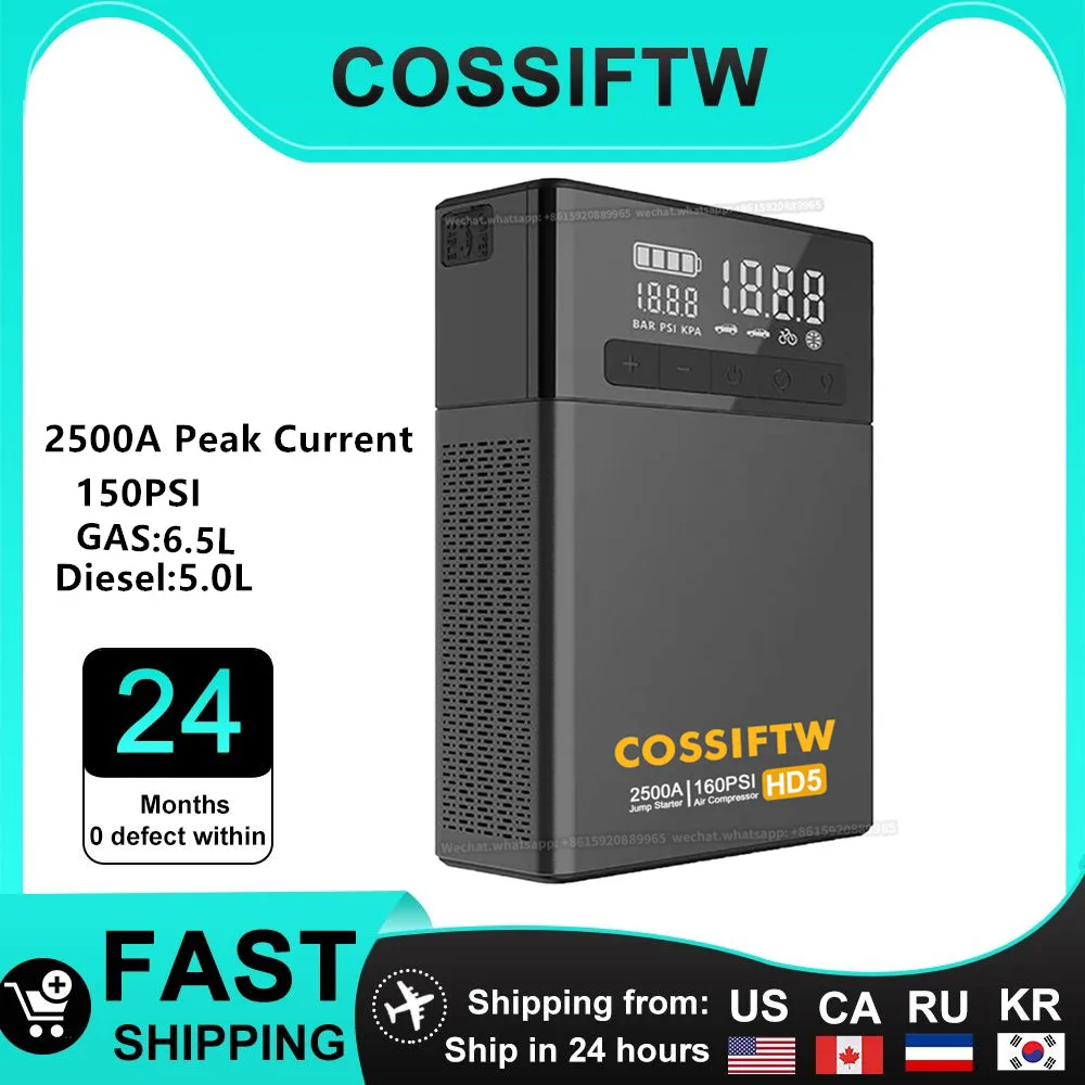 

COSSIFTW Car Jump Starter Portable Power Bank with Air Compressor 150 PSI Car Starting Device for Petrol Diesel 6.5L/5.0L