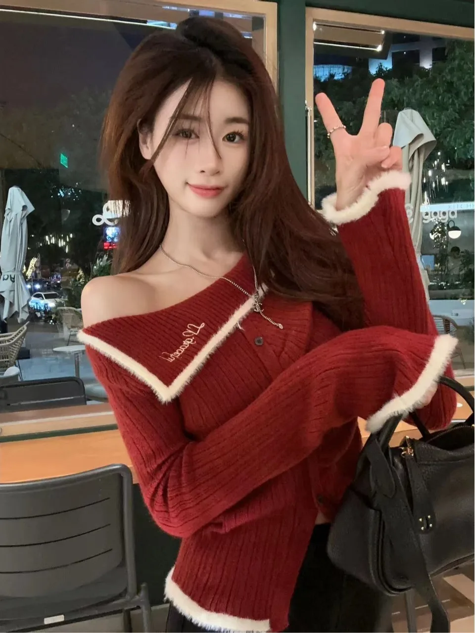 

Red Shoulder-baring Long Sleeve Knitted Sweater Women's Style Retro Slimming Spring New Year Korean Version Commute Fashion