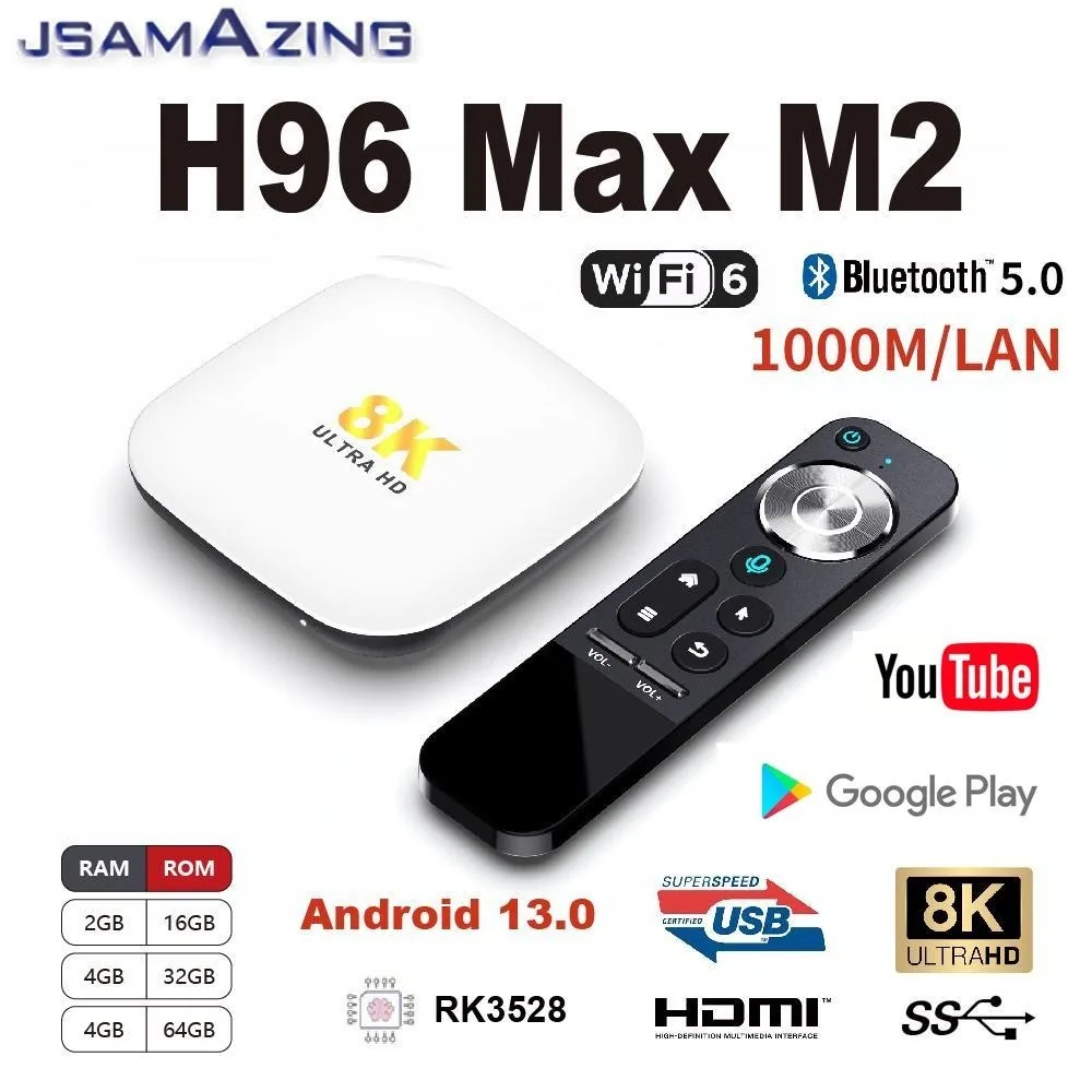 H96 Max M2 Android 13.0 Smart TV BOX RK3528 8k ARM Cortex A53 2/4GB 16/32/ 64GB 3D  2.4G/5G  For Google Media Player