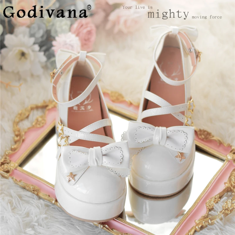 

Original Lolita Sweet Girls Bow Lace High Heels Round Head Muffin Leather Single Shoes Cross Strap Mary Jane Women's Shoes