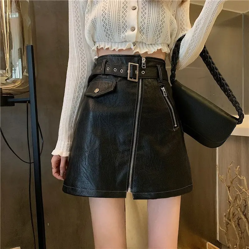 

Belted Brown PU Small Leather Skirt Design A-line Skirt High Waist Slim Short Skirt for Women