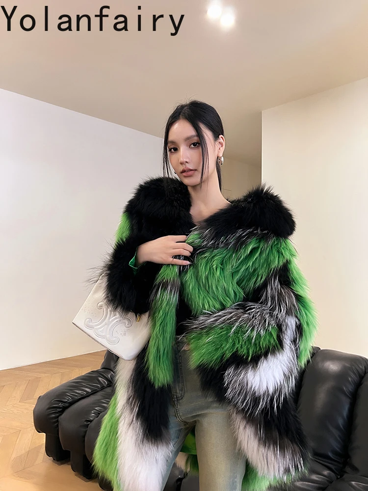 

YOLANFAIRY autumn and winter Imported whole fox fur coat Thickened woven turn-down collar mid-length coat дубленка женская 2025