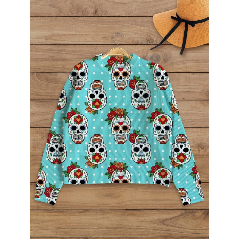 

Halloween Floral Skull Pattern Digital Print Women Sweater Knit Pullover Warm Soft Loose Crew Neck Long Sleeve Autumn Winter