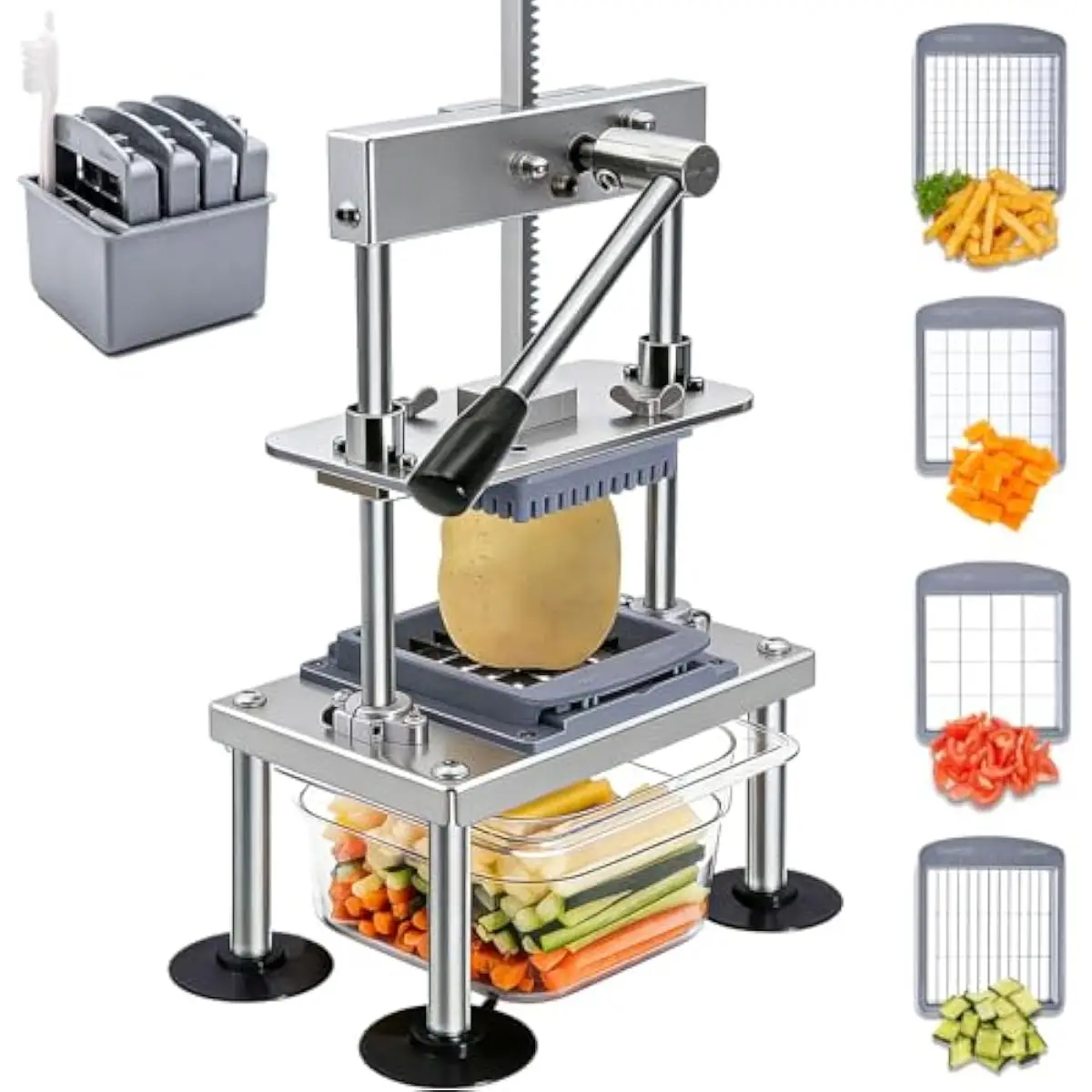 Effortless Gear-Driven Vegetable Dicer for Potatoes Onions Carrots Tomatoes With Interchangeable Stainless Steel Grid Blades And