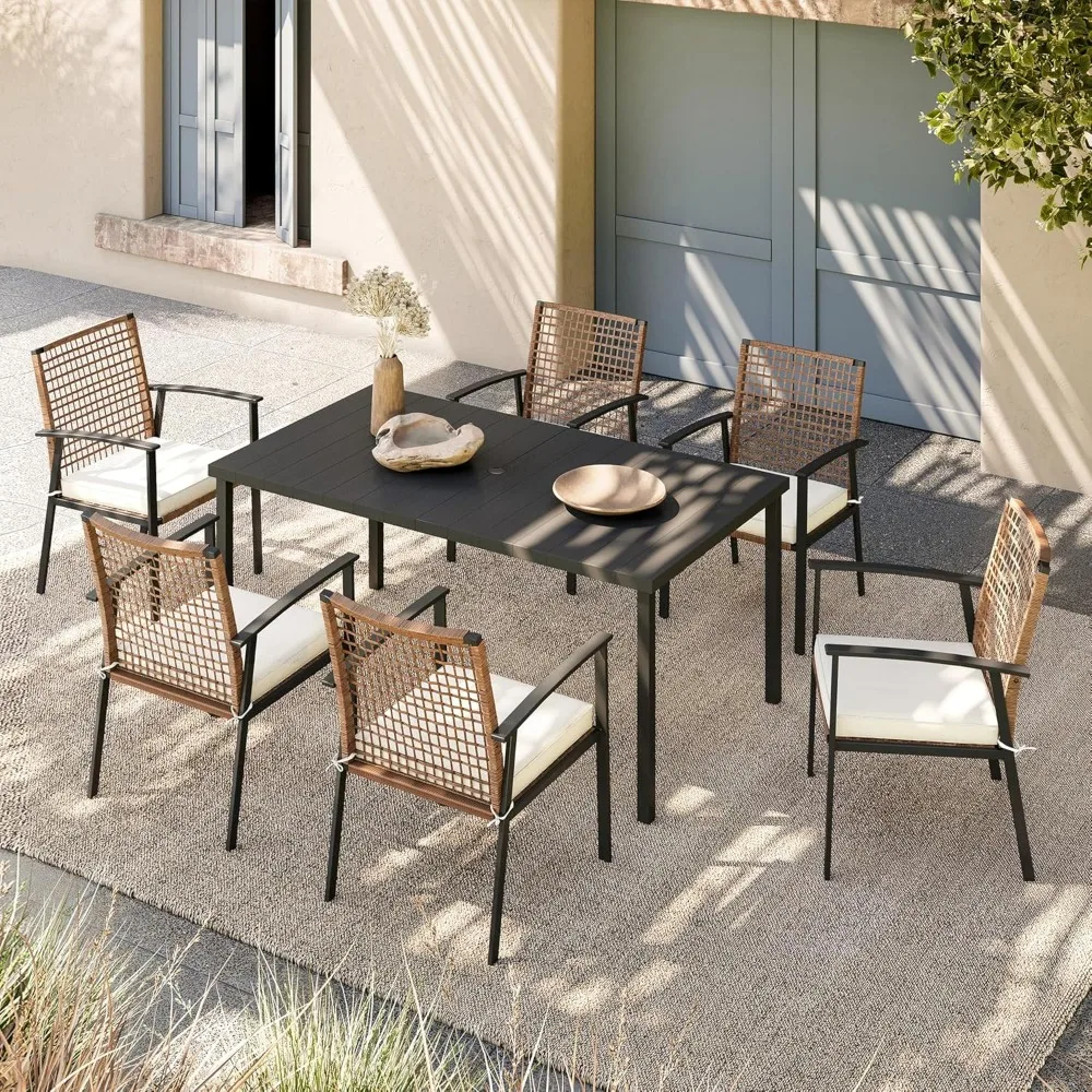 

7 Pieces Patio Dining Set, Outdoor Furniture Set of 6 Chairs with Soft Cushion and Iron Slats Table Top, Conversation Set