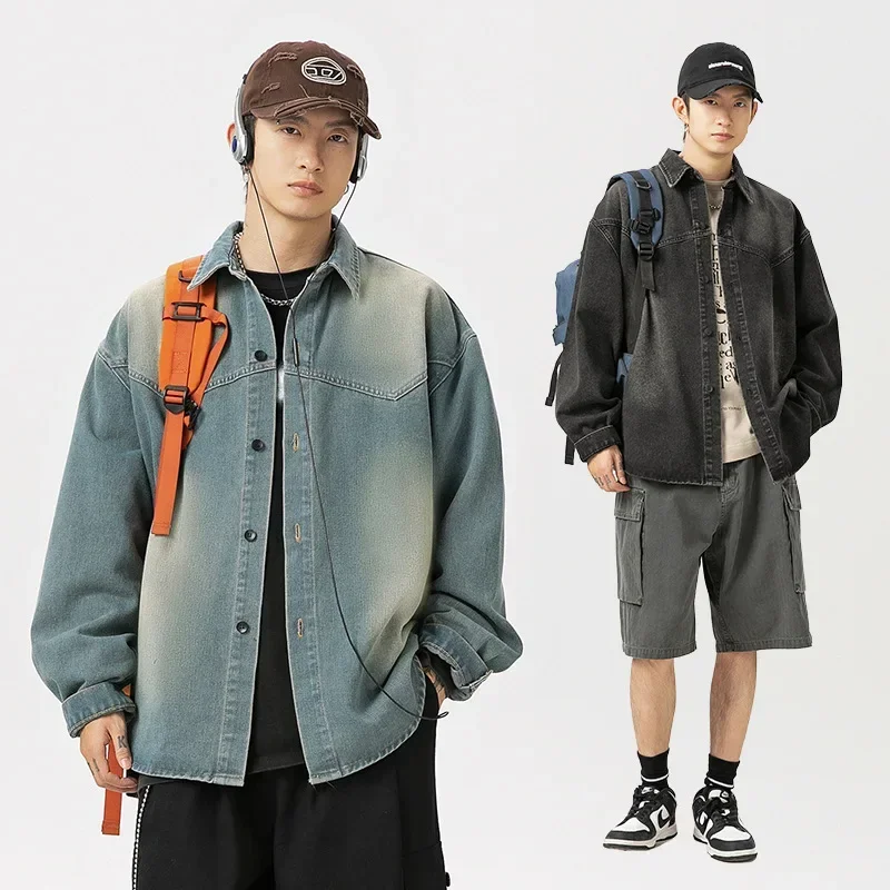 

Men New Washed Denim Shirts Single Breasted Cardigan Blouses Long Sleeve Turn Down Collar Outerwear Buttons Spliced Spring Loose