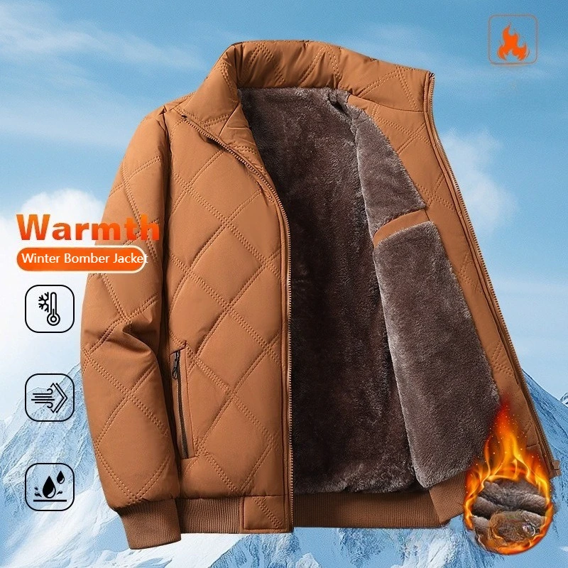 

Autumn Winter Bomber Jacket Men Diamond Pattern Fleece Lined Casual Jacket Men Fashion Clothing 2023 Brand New Slim Fit Coat