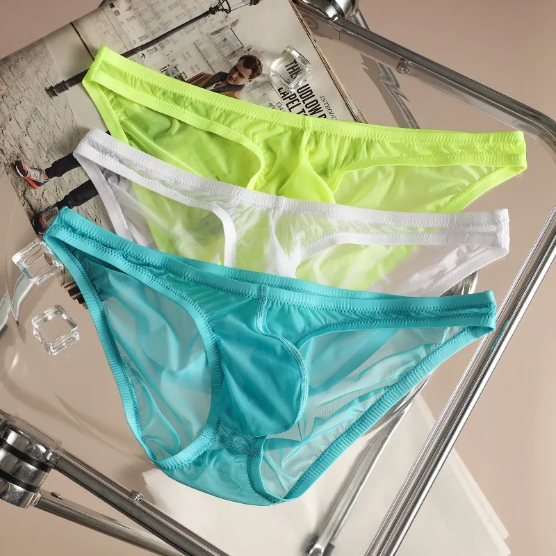 Transparent Sexy Underwear Men Ice Silk U Convex Pouch Briefs Low Waist Tight Fit Mens Panties Perspective Ropa Interior Hombre