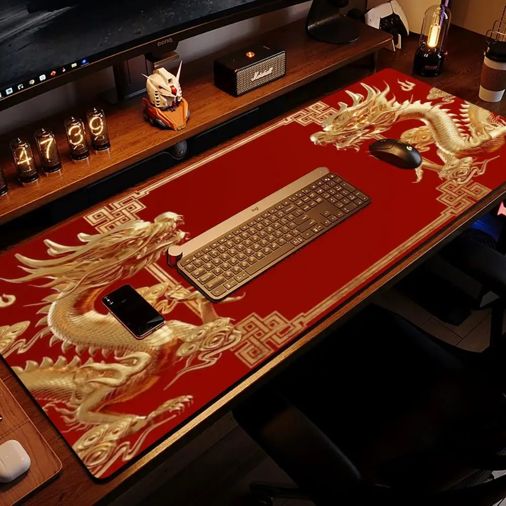 Large Size Mouse Pad with Double Golden Dragon Traditional Chinese Frame Art for Laptop Office Desktop Playmat