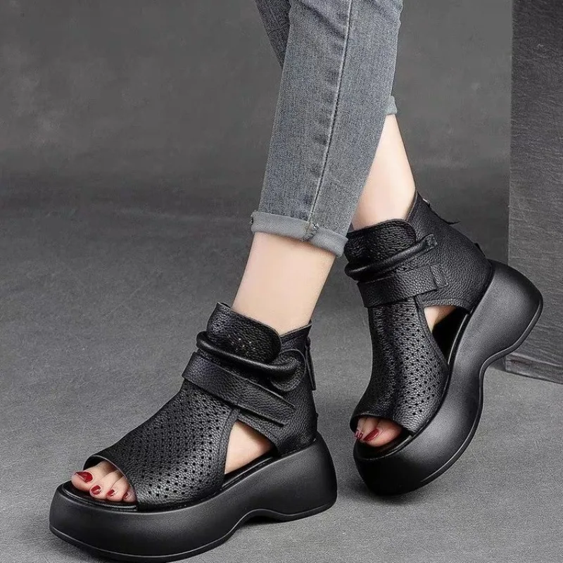 Hollow Out Sandals Women Ankle Boots Lady Fashion Soft Leather Chunky Sneakers Female Boot Summer Height Increasing Ladies Shoes