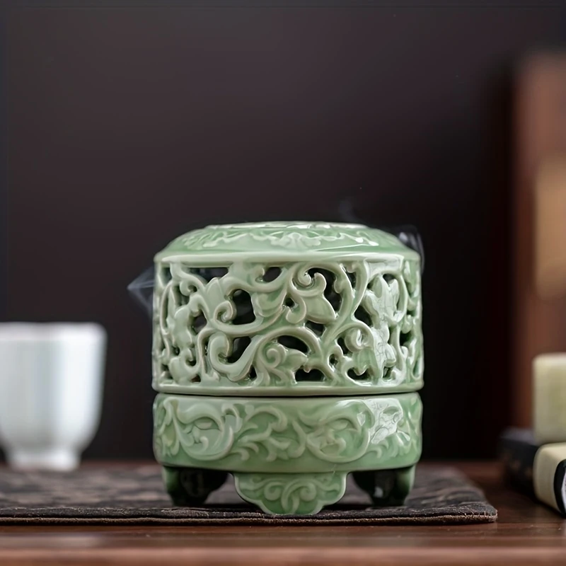 1 Ensemble de brûleurs d'encens en céramique de style chinois, motif lotus et fleur de prunier, de type four Yue, pour la maison, le bureau et l'intérieur, pour bâtonnets et cônes d'encens aromatiques
