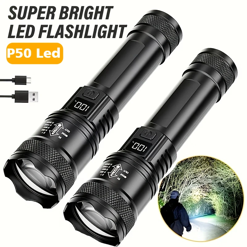 High-power Led Flashlight USB Rechargeable Torch with Display Zoomable Light with Battery Camping Hiking Lantern Emergency Lamp