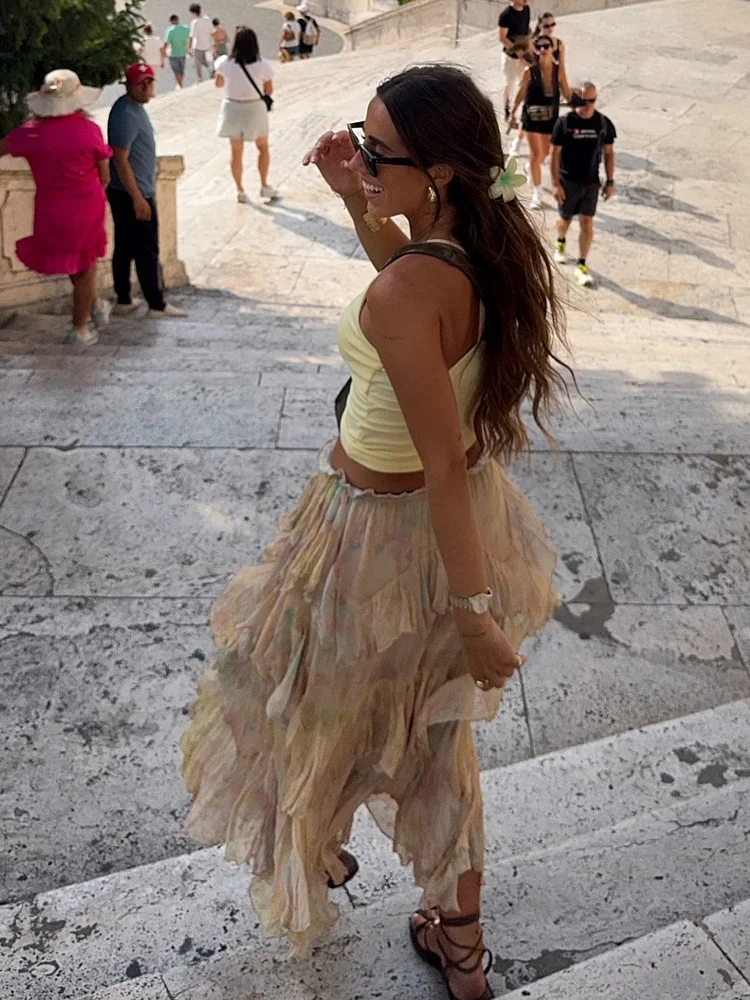 

HH Women Fashion Tie-Dye Print Layered Decoration Midi Skirt Woman Elegant Elastic Waist Casual Vacation Beach Pleated Skirt