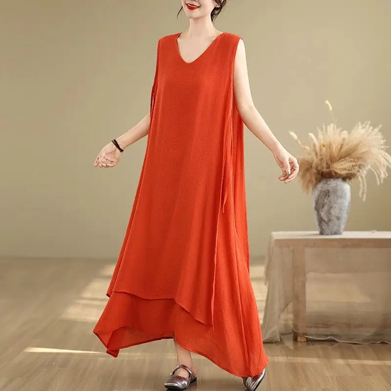 Women's Summer Chinese Style Premium Cotton-Linen Blend Dress - Light Luxury V-Neck Vest Dress, Oversized Bohemian Dress G375