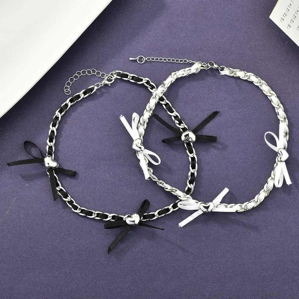

2025 Heart-shaped bow metal Chain necklace, new long neck chain for women, leather butterfly neck chain