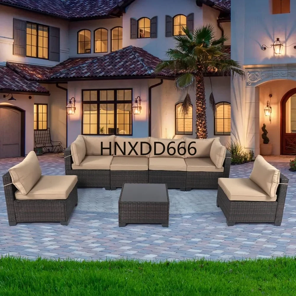 7 Pieces Outdoor Patio Furniture Sets,Rattan Conversation Sectional ,Manual Weaving Wicker, Garden Furniture Sets