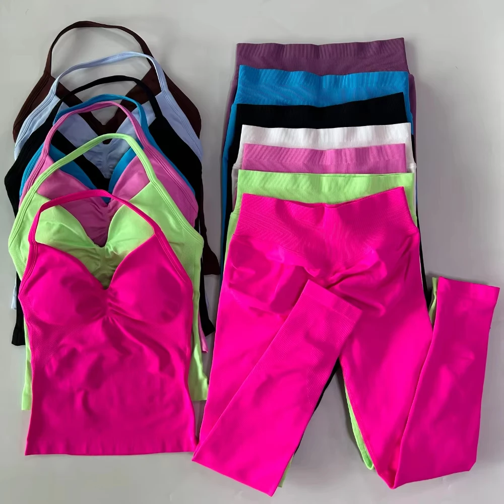 Ensemble de sport sans couture 2 pièces pour femme : débardeurs et leggings de yoga taille haute froncés – Tenue de fitness et de sport