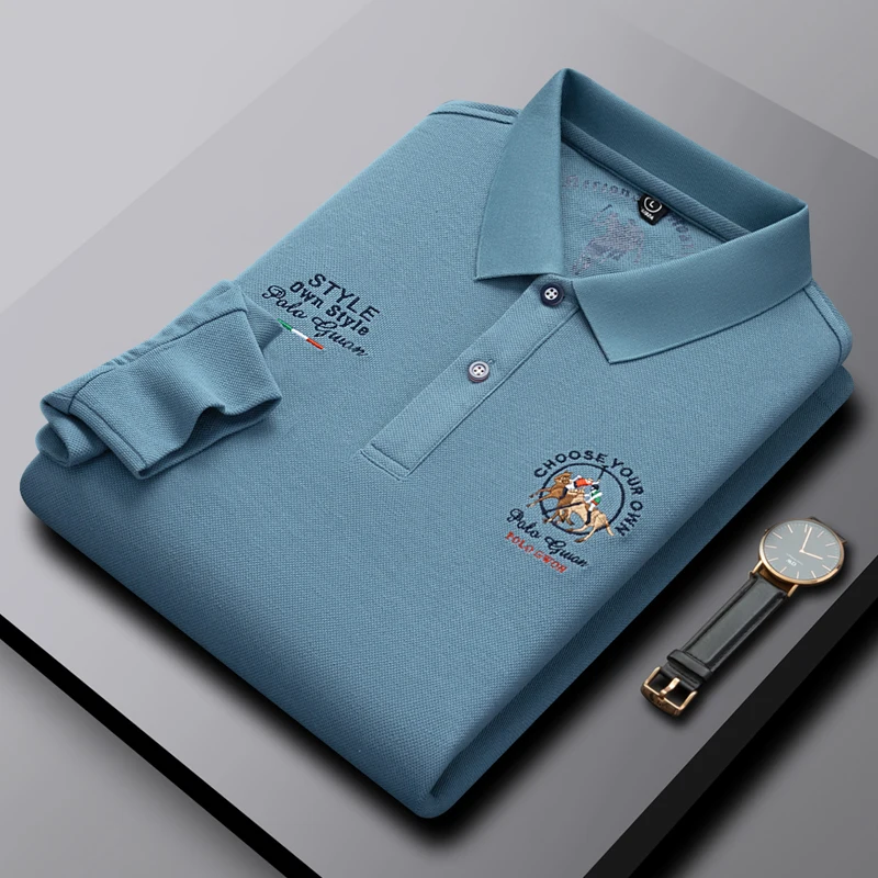 

Luxury brand menlong sleeved fashionable polo shirt 100% cotton spring and autumn lapel T-shirt embroidered business casual top