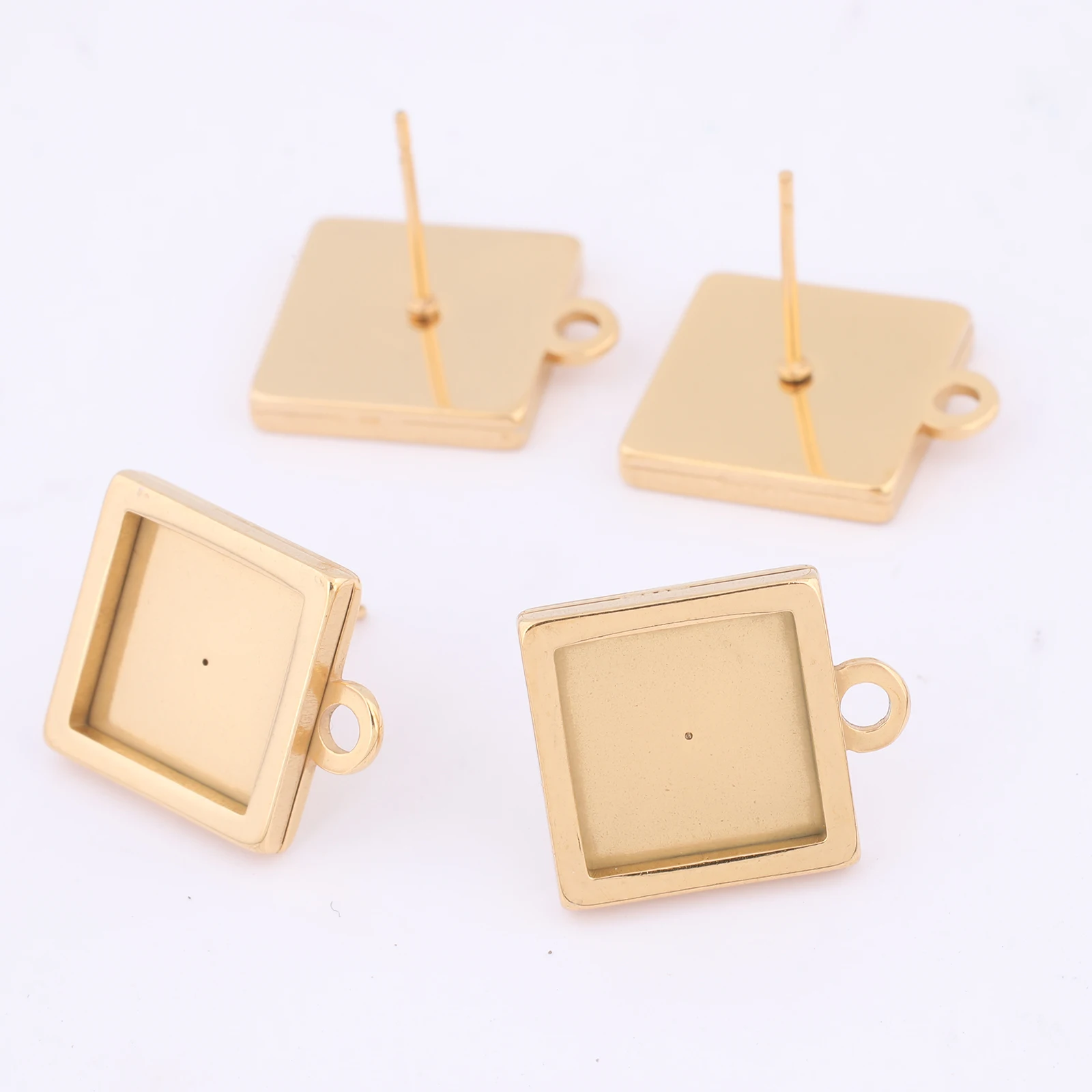 10pcs Stainless Steel Fit 10mm Square Cabochon Earring Connector Base Setting Blanks Diy Post Ear Bezel Findings With Loop