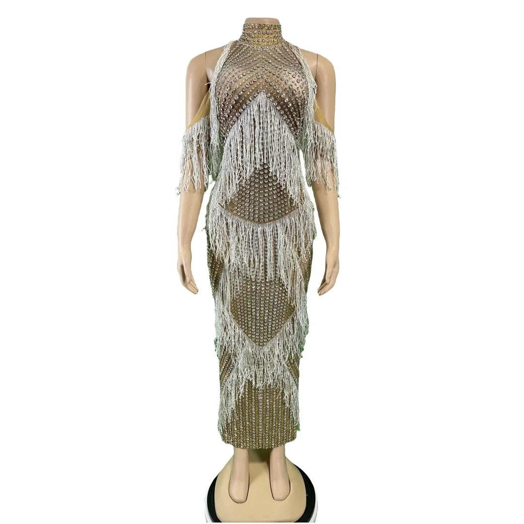 Women Shining Fringes Perspective Split Tight Long Sexy Birthday Celebration Party Dresses 2026