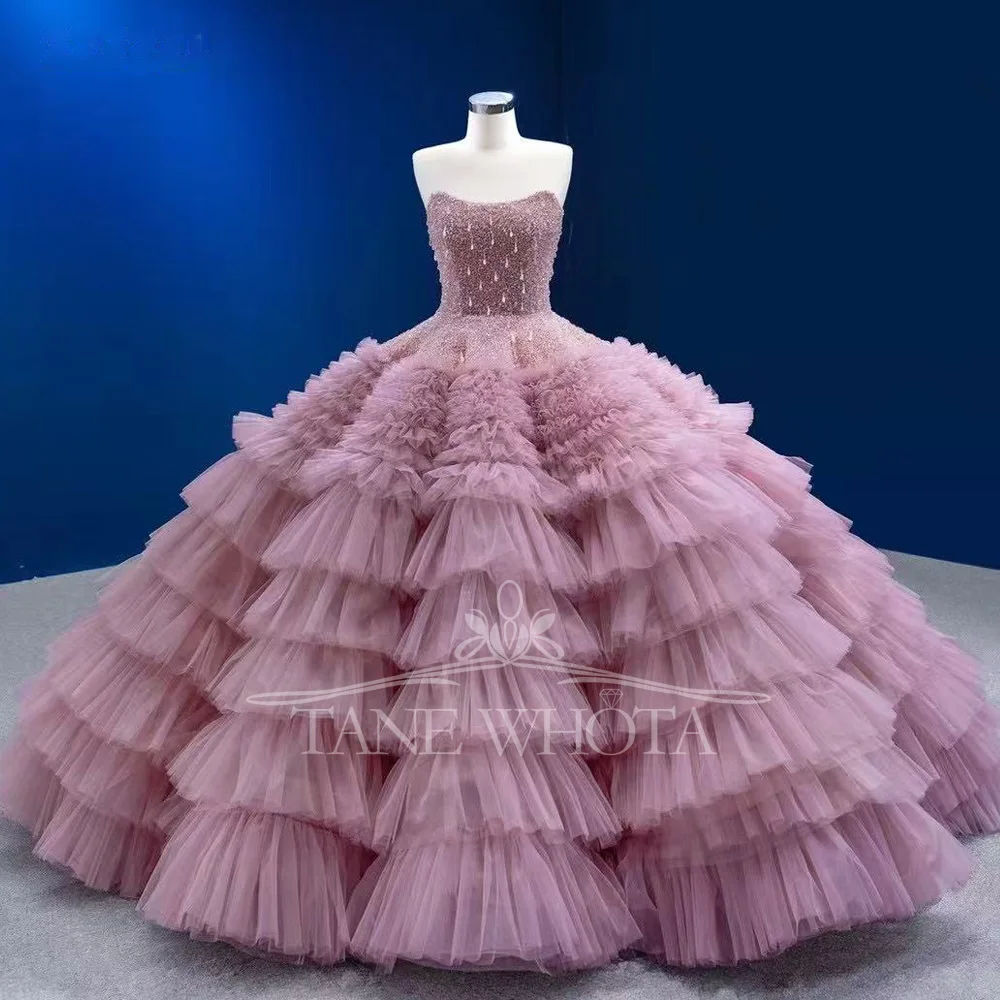Women's Sweetheart Sleeveless Long Evening Dress Lace Up Back Beaded Crystal Detail Pink Tiered Customizable Ball Gown Prom Gown