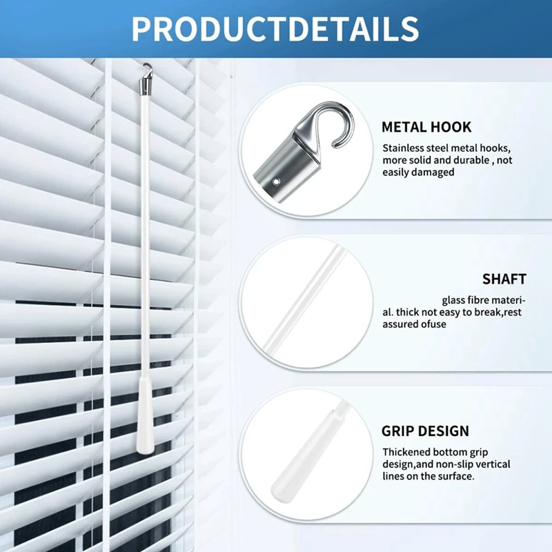 2 Pcs 17 Inch Blind Wand, Vertical Blinds Replacement Parts with Hook and Grip, Fiberglass Blind Tilt Wand, for Window