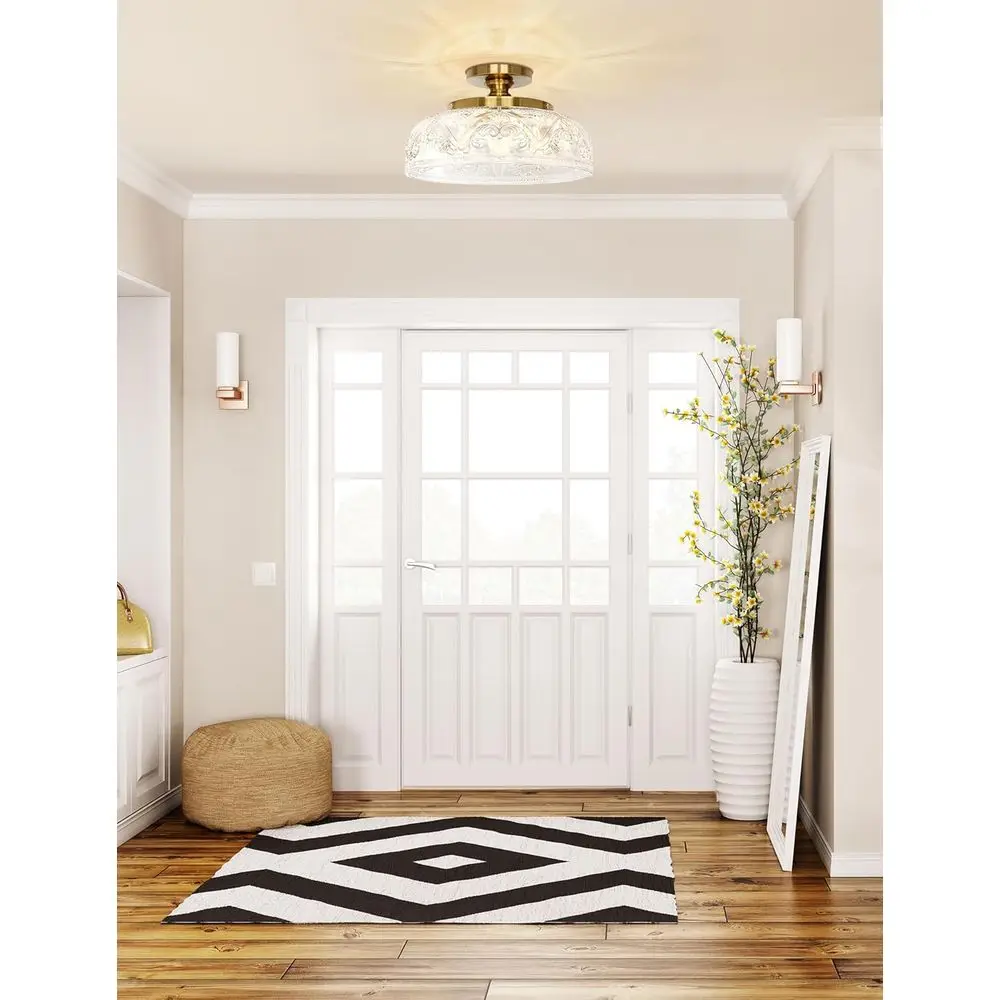 12 Inch Large Gold Ceiling Light Fixture, 3-Light Globe Glass for Kitchen, Bathroom, Hallway, Dining Room (Bulb Not Included)