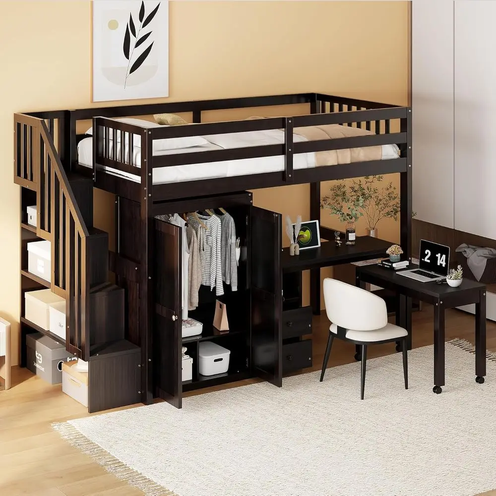 

MeKids Twin Multiunction Lot Bed with Desk/Wardrobe, Wood Storage Lot Bed with Staircase, Bookshel & Ders, No Box Spring Needed,