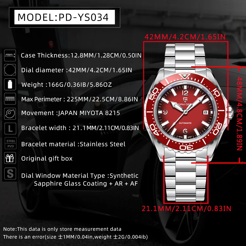 Pagani Design Men's Automatic Watch Luxury Sapphire Glass 100M Waterproof Red Ceramic Bezel Business Mechanical Watch