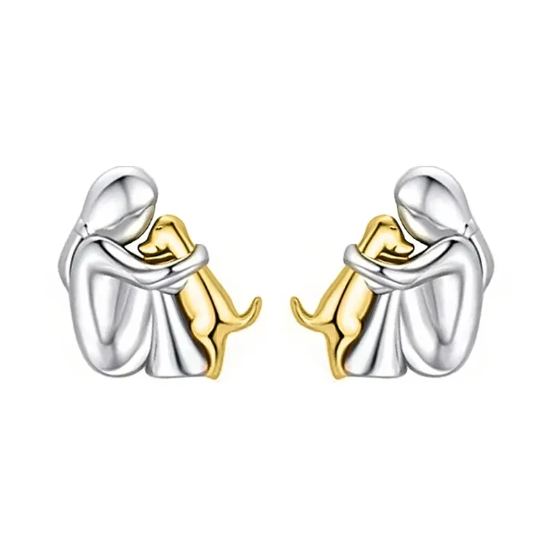 Cute Two Tone Gold Silver Color Women and Dog Stud Earrings Dog Mom Small Hoop Earrings Animal Pet Jewelry