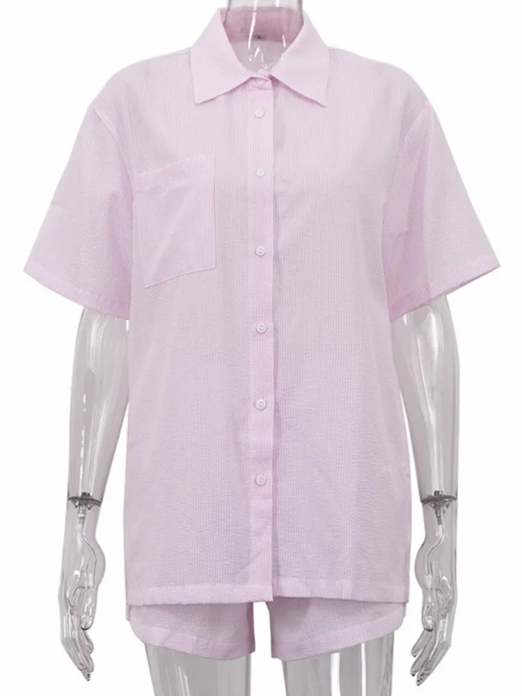 

Комплект из 2 предметов, сексуальный комплект из 2 предметов, лето-осень 2022, модный женский комплект, женская розовая рубашка с короткими рукавами, топы и шорты, костюм в тон, наряд