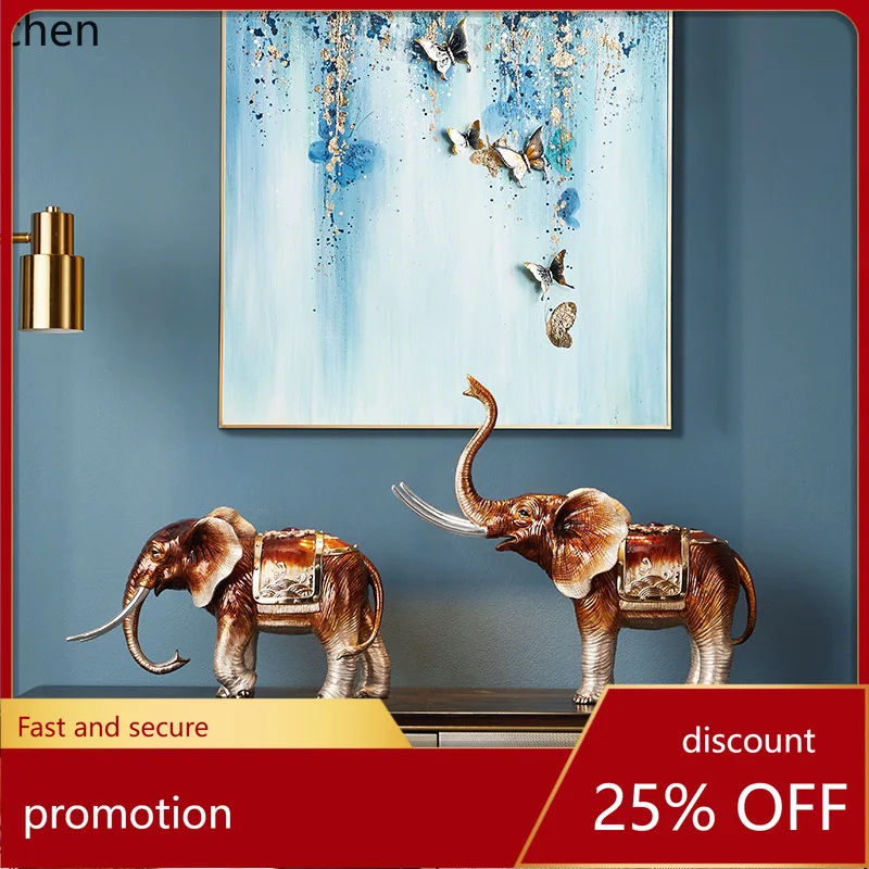 CZ High-End Enamel Lucky Elephant Ornaments Pair for Entryway, Living Room, Villa, Model Home Decorations