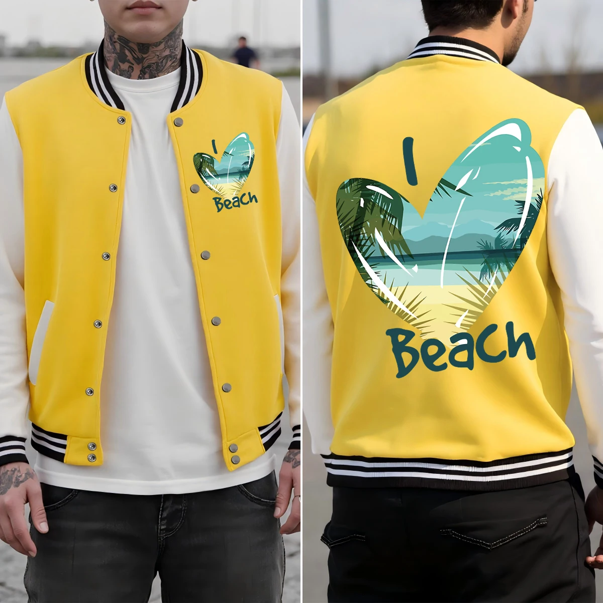

Love Beach Coconut Tree Landscape Print Men Jacket Soft Casual Baseball Uniform Cotton Loose Clothes Autumn Fashion Streetwear