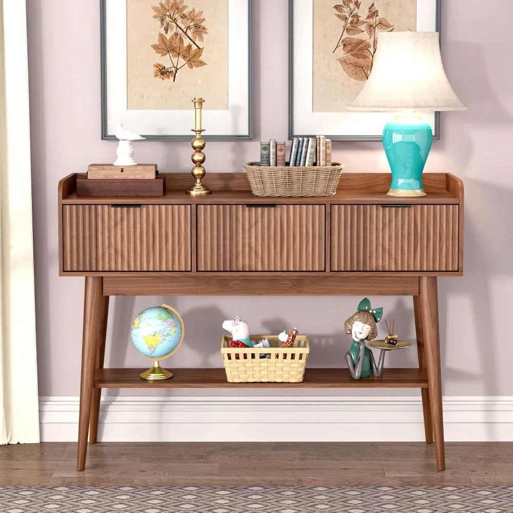 

Narrow Console Tables Entryway Sofa Table with 3 Drawers Fluted Console Tables Small Entryway Table with Storage Shelves Wood