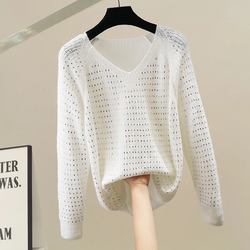 

Korean Sle Heavy Du Rhinestone Lazy Hollow out V-Ne Knitwear Loose Long Sve White Versatile Top for Young Girls